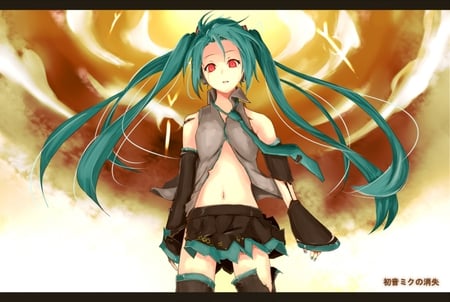 Hatsune Miku - tie, pretty, artistic, twin tail, torn, uniform, nice, program, leggings, thighhighs, beauty, virtual, red eyes, cg, white, cute, aqua eyes, song, outfit, wound, vocaloid, anime, blue, twintail, hatsune miku, music, aqua, stockings, red, art, sun, idol, anime girl, skirt, beautiful, singer, girl, cool, orange, black, miku, awesome, diva, digital, aqua hair, thigh highs, hatsune, vocaloids