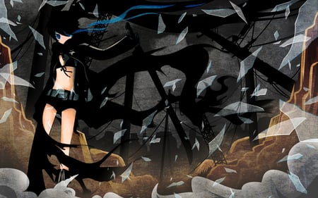 Black Rock Shooter - girl, dark, glass, anime, buildings, black, black rock shooter