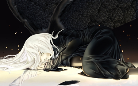 Lost In Thought - black, anime, white, wings, girl, feathers, dark