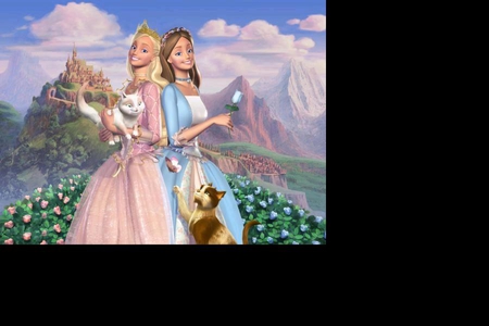 Barbie - princess, cat, movie, roses, barbie, mountains, pink, castle, blue, smile, happy, flower