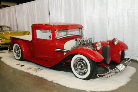 Classic Red Truck - white walls, pick up, motor, red