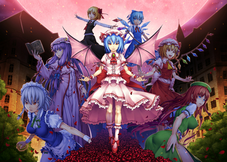 touhou - moon, angel, grils, scarlet, red, warriors, flowers, short hair, demon, dress