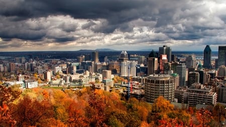 HDR Montreal Autumn - autumn, sky, trees, cities, wallpaper, skyscrapers, clouds, city, canada, architecture, color, hdr, montreal, new