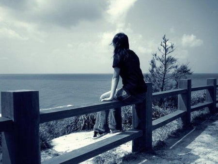 Ah, When will.... - waiting, fence, tree, seaside, girl