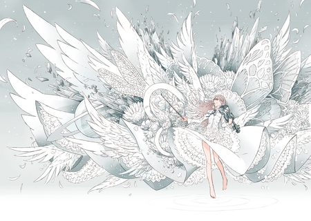 shiro tsubasa - wings, white, anime, instrument