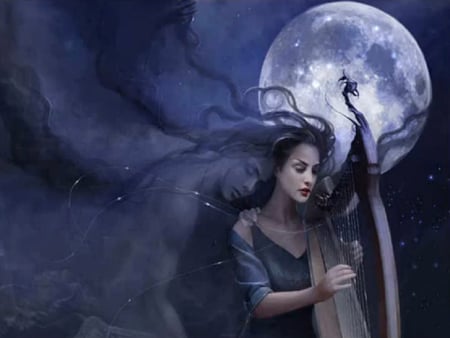 An Angel Behind you - moon, fantasy, instrument, behind, angel, you