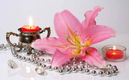 Romance - pretty, lilies, romantic, romance, light, pink, flowers, pink lily, candles, pink flowers, for you, pearls, beautiful, photography, candle, beauty, colors, lovely, with love, still life, flower, lily, nature, lights