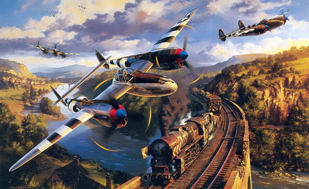 Train Attack - lightning, p38, ww2, wwii, drawing, art, train, lockheed, airplane, plane, p-38, painting