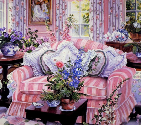 Beautiful Home - couch, lovely, hall, vase, curtain, susan rios, painting, home, pink, beautiful, flowers