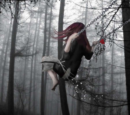 Girl Swinging in the forest - swing, red hair, girl, swinging, rose, forest