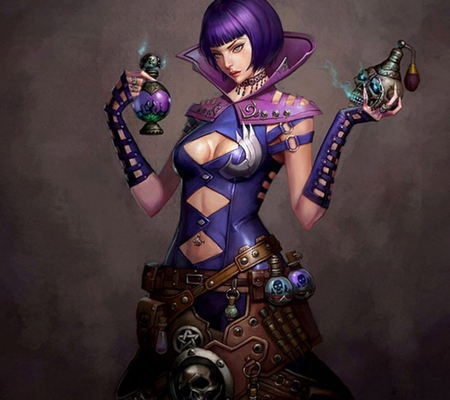 Lady Alchemist - purple, lady, hair, magic, bottle, alchemist, fantasy