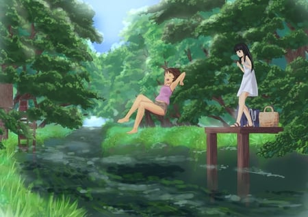 It's summer - girls, summer dress, anime, water, barefoot, tree, kawai, cute