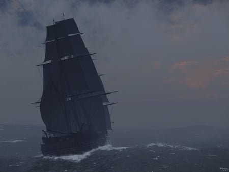 foggy sea - storm, clouds, fog, ship, sea, ocean, sail, nature, sky