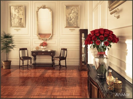 neoclassical_house_style - desk, room, rose, vase, chair, red, mirror, house, flower