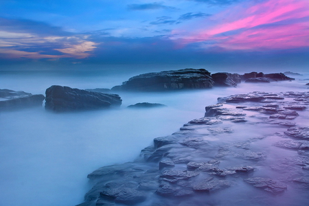 Powder blue - mists, shore, blue, ocean, rocks