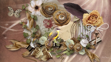 Times Gone By - remembrance, autumn, string, twine, bird, brown, swag, fall, feather, leaves, memories, flowers, twigs, firefox persona, paper roses