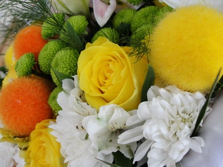 Beautiful flowers - white, beautiful, orange, green, bouquet, flowers, yellow roses