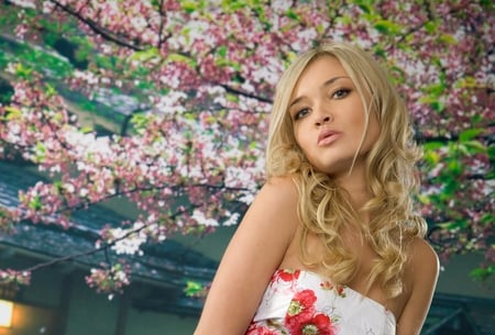 Beautiful blonde - beautiful girl, blossom, lovely face, eyes, curly hair, blonde, beauty, spring, flower, lips, flower dress