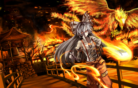 Fujiwara No Mokou - powers, fujiwara no mokou, bridge, burning hands, anime girl, fire, flames, sliver hair, flame, phoenix, touhou, bell tower, anime, burn, burn town, female, hair bow, tears