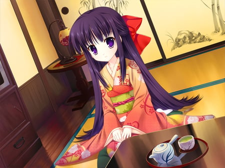 Original - game cg, yuyukana, yuyuzuki ako, long hair, purple hair, mitha, japanese clothes, purple eyes