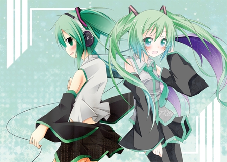 Double Personas - tie, pretty, artistic, twin tail, uniform, headphones, nice, program, thighhighs, beauty, virtual, cg, white, cute, aqua eyes, song, outfit, vocaloid, anime, blue, twintail, hatsune miku, microphone, music, aqua, purple, art, idol, anime girl, skirt, beautiful, singer, girl, blush, cool, black, miku, awesome, diva, digital, aqua hair, thigh highs, hatsune, vocaloids, headset