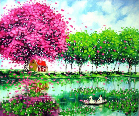 Lakeside - Anh Quang - anh quang, tree, painting, nature, art