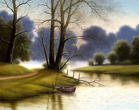 Mario Jung. Spring Landscape with boat - river, mario jung, nature, painting, boat, landscape, art, tree