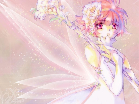 Beautiful Pink Fairy - pink, wings, anime, fairy, staff