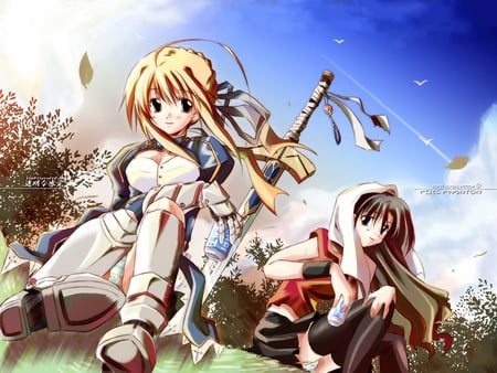 Fate Stay Night - clouds, saber, anime, girl, blonde, sword, tree, cute, sky