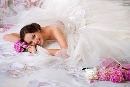 Beautiful Bride - bride, beautiful, beauty, flower, pink, wedding dress, flowers, white dress, peony, white, brunette