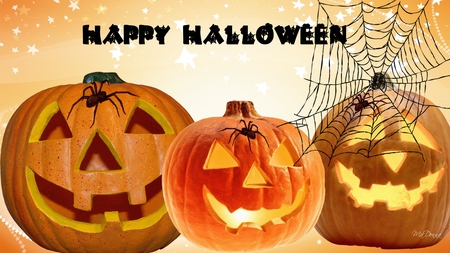 Jack-O-Lanterns and Spiders - spider, smiling jacks, halloween, spider webs, orange, pumpkin