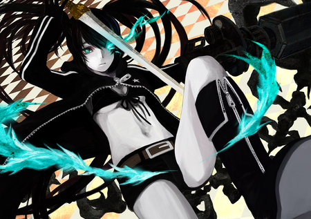 Black Rock Shooter - girl, blue, anime, sword, black