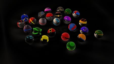 Pokeballs - black, anime, pokeballs, pokemon