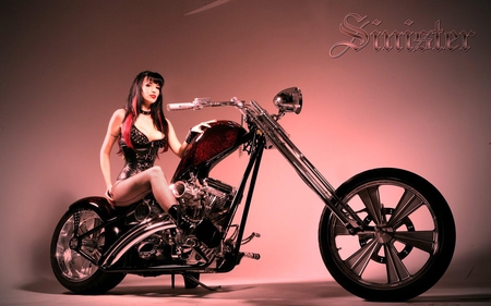 Sinister Custom - woman, lips, bike, hot, eyes, hair, black, legs, face, sinister, custom, lady, sexy, corset, girl, boots, motorcycle, bustier, beautiful, fishnets, babe