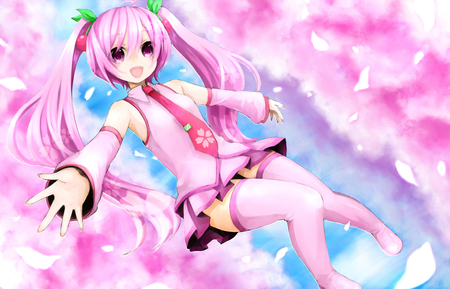 Sakura Miku - virtual, miku, digital, vocaloids, song, microphone, sakura miku, pink eyes, singer, cool, pink, headphones, awesome, vocaloid, anime, twintail, blue, cg, petals, clouds, hatsune, black, cute, beautiful, girl, anime girl, white, cherry blossom, pink hair, program, artistic, pretty, beauty, sakura, art, diva, sky, nice, idol, headset, music, hatsune miku