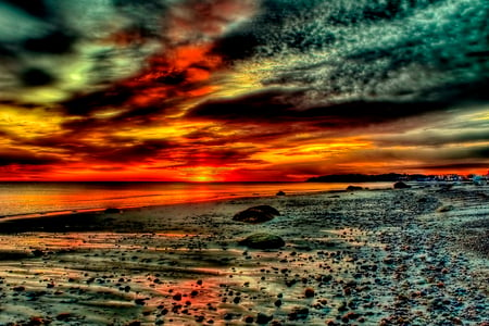 Sunset-HDR - pretty, horizon, scenery, amazing, beach, landscape, great, sunrise, reflection, sand, view, red, hdr, nice, sky, sun, clouds, water, beautiful, photography, sea, city, beauty, colors, lovely, cool, ocean, stones, black, nature, sunset