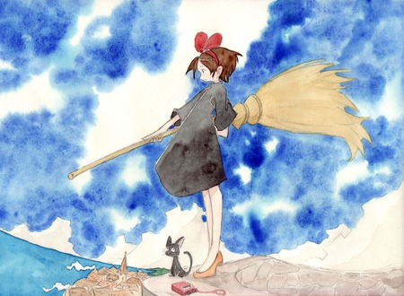 Kiki's Delivery Service - broomstick, sky, cat, anime, girl