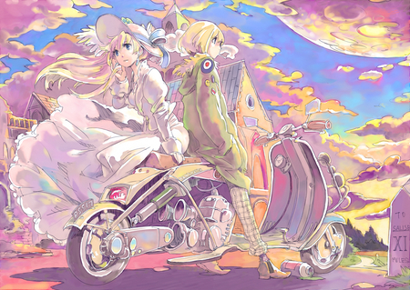 On The Road - colour, girl, bike, boy, clouds, anime