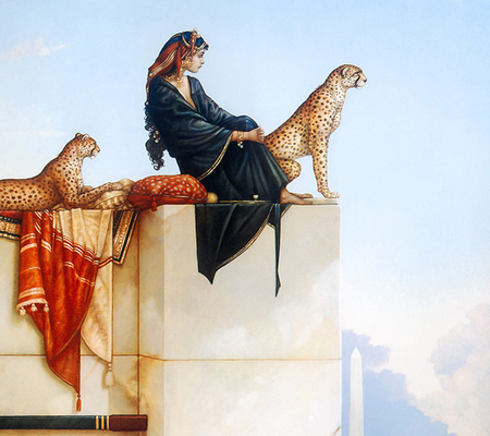 Girl and two Leopards - leopards, roof, beautiful, painting, two, girl