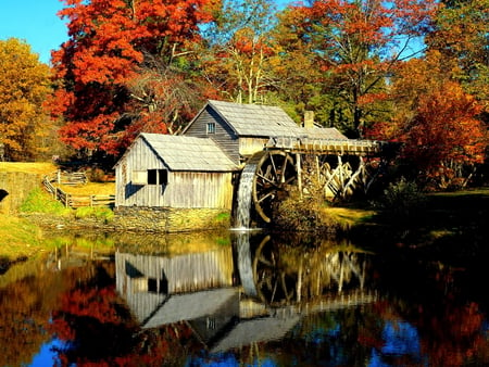 MILL - nice, beauty, season, autumn, trees, peaceful, water, mirrored, wheel, foliage, calm, fall, quiet, reflection, architecture, mabry mill, house, pond, water mill, lake, landscape, falling, mill, lovely, serenity, nature, forest, beautiful, leaves, splendor, colors, silence