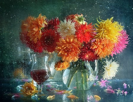 Still life - beauty, glass, photography, water drops, wet, still life, vase, beautiful, petals, flowers, harmony