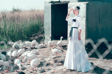 girl with her ducks - ducks, white, animals, hat, girl