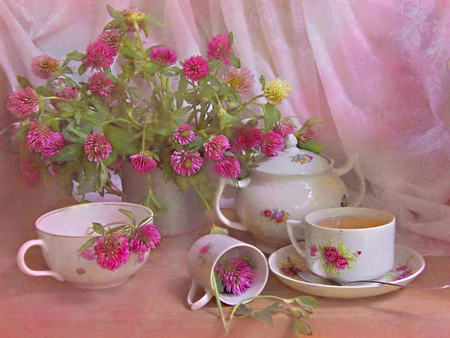 Tea with flowers - pretty, delicate, beautiful, tea, pink, still life, harmony, flowers, time, nice