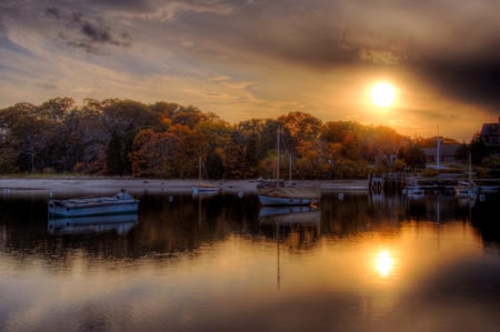 Little harbor on sunset - beauty, sky, popular, sun, water, image, sunset, amazing, clouds, hdr, lake, boats, background, harbor, gold, nature, forest