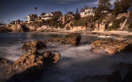 life by the coast - beauty, beach, photography, water, rocks, nature, cali, homes, architecture, house, sand