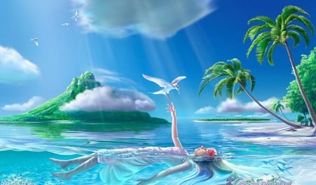 Girl-in-Blue-water - beach, sky, girl, palms, water, clear, fantasy, bird, blue, clouds, 3d