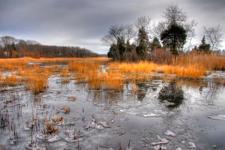 Frozen lake - beauty, lake, autumn, popular, background, image, nature, grey, seson, orange, icy, hdr