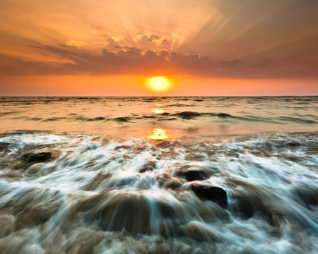 Sea Sunset - clouds, beach, beautiful, sea, stones, sunset, nature, view, waves, sun, sky