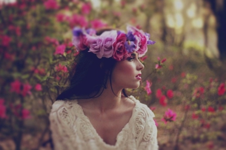 Flower lady - beauty, lady, stare, white dress, crown, forest, beautiful, thoughts, flowers, colors