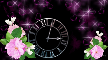 Romance Time - clock, stars, firefox persona, dark, flowers, glow, purple, time, hearts